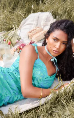 Green Floral Ruched Strappy Halterneck Bodycon Dress