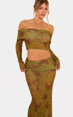 Green Floral Sheer Burnout Mesh Fold Over Hem Long Sleeve Bardot Top