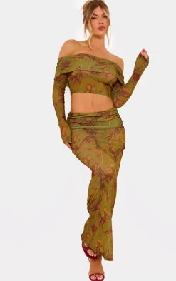 Green Floral Sheer Burnout Mesh Fold Over Hem Long Sleeve Bardot Top