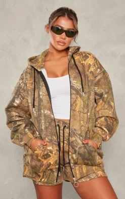 Green Forest Camo Black Badge Zip Up Oversized Hoodie