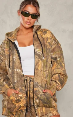 Green Forest Camo Black Badge Zip Up Oversized Hoodie