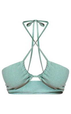 Green Gingham Halter Neck Bikini Top