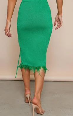 Green Glitter Knit Feather Trim Midaxi Skirt