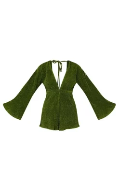 Green Glitter Plisse Flare Sleeve Plunge Romper