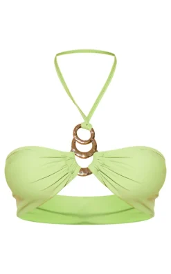 Green Gold Trim Halter Neck Bikini Top