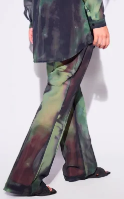 Green Grunge Print Beach Flares