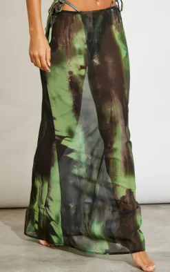 Green Grunge Print Mesh Fishtail Maxi Skirt