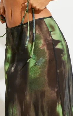 Green Grunge Print Mesh Fishtail Maxi Skirt
