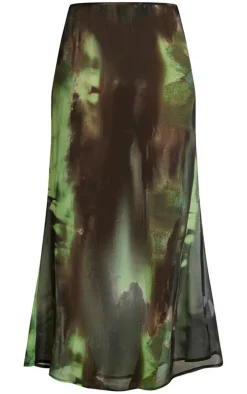 Green Grunge Print Mesh Fishtail Maxi Skirt