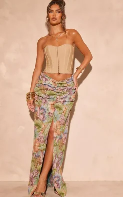 Green Jacquard Ruched Waist Split Front Maxi Skirt