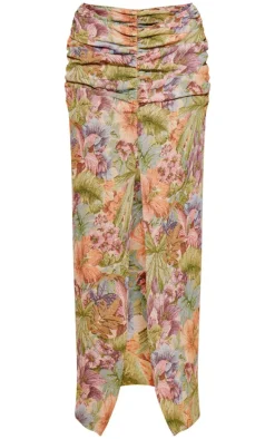 Green Jacquard Ruched Waist Split Front Maxi Skirt