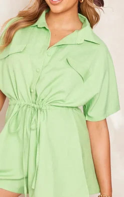 Green Linen Look Tie Waist Shirt Style Romper