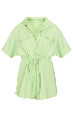Green Linen Look Tie Waist Shirt Style Romper