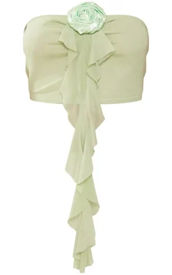 Green Mesh Floral Applique Frill Bandeau Crop Top