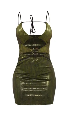 Green Metallic Printed Jersey Cut Out Ring Detail Strappy Bodycon Dress