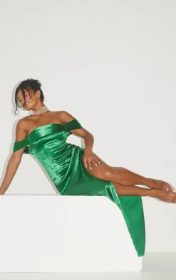 Green Metallic Satin Drape Bardot Maxi Dress