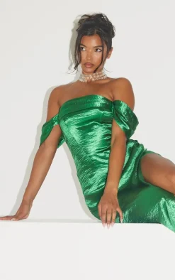 Green Metallic Satin Drape Bardot Maxi Dress
