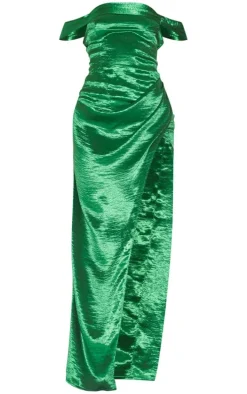Green Metallic Satin Drape Bardot Maxi Dress