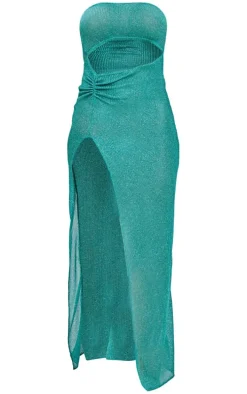 Green Metallic Sheer Knit Bandeau Cut Out Midi Dress