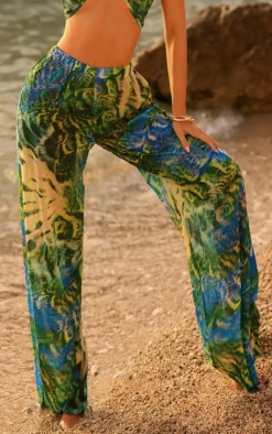 Green Multi Tiger Print Wide Leg Beach Pants