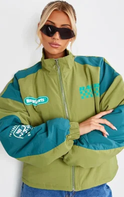 Green Nylon Oversized Racer Graphic Bomber Jacket