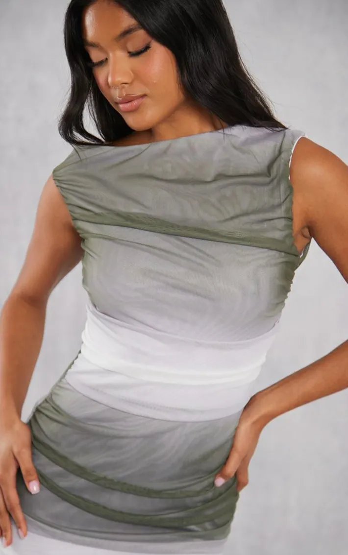 Green Ombre Print Mesh Ruched Bodycon Dress