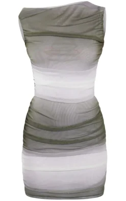 Green Ombre Print Mesh Ruched Bodycon Dress