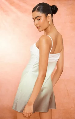 Green Ombre Print Satin Knot Strappy Shift Dress