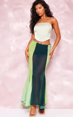 Green Ombre Printed Chiffon Handkerchief Hem Maxi Skirt