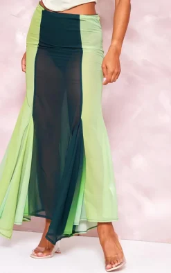 Green Ombre Printed Chiffon Handkerchief Hem Maxi Skirt