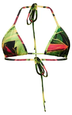Green Oversize Flower Print Triangle Bikini Top