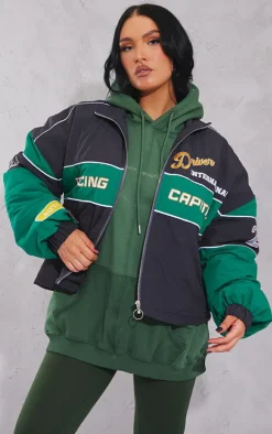 Green Oversized Graphic Zipped Racer Bomber Jacket