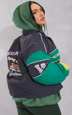 Green Oversized Graphic Zipped Racer Bomber Jacket