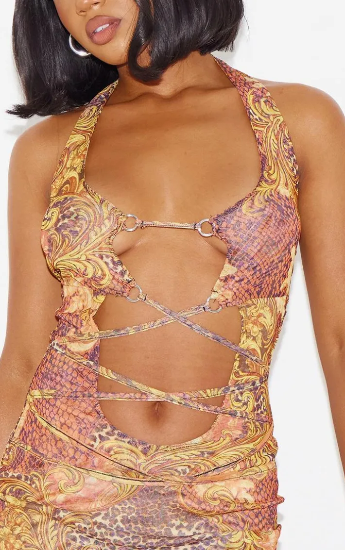 Green Paisley Print Extreme Cross Detail Mini Dress