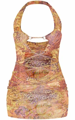 Green Paisley Print Extreme Cross Detail Mini Dress