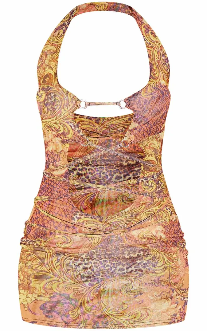 Green Paisley Print Extreme Cross Detail Mini Dress