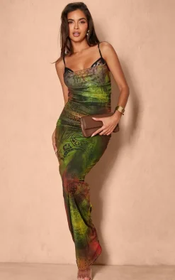 Green Paisley Print Mesh Cowl Neck Lace Cup Detail Maxi Dress