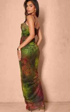 Green Paisley Print Mesh Cowl Neck Lace Cup Detail Maxi Dress