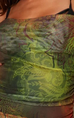 Green Paisley Print Mesh Cowl Neck Lace Cup Detail Maxi Dress