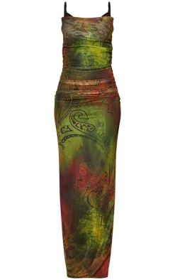 Green Paisley Print Mesh Cowl Neck Lace Cup Detail Maxi Dress