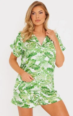 Green Palm Print Satin Short Pj Set