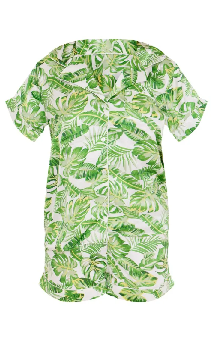 Green Palm Print Satin Short Pj Set
