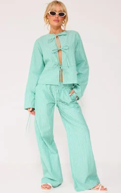 Green Pinstripe Woven Wide Leg Pants