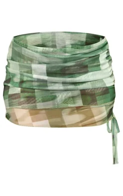 Green Pixel Camo Print Mesh Ruched Micro Mini Skirt