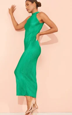 Green Plisse High Neck Midi Dress