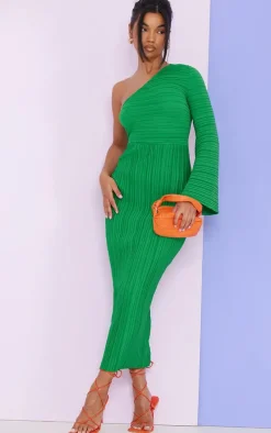 Green Plisse One Shoulder Flare Sleeve Midaxi Dress