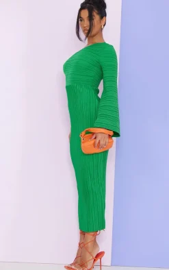 Green Plisse One Shoulder Flare Sleeve Midaxi Dress