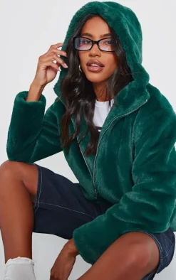 Green Plush Faux Fur Hooded Zip Up Jacket