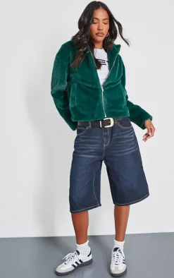 Green Plush Faux Fur Hooded Zip Up Jacket