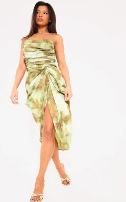Green Print Chiffon Ruched Drape Midi Dress